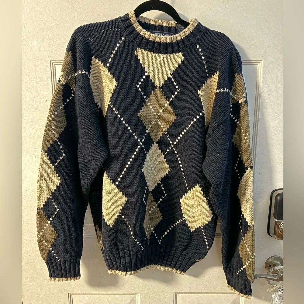 90’s Argyle Crewneck Sweater Woods & Gray Preppy Cotton Navy Beige Grandpa VTG